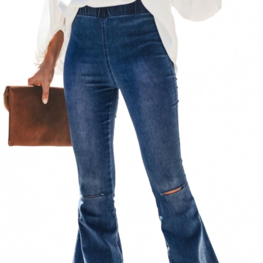 Blue Distressed Bell Bottom Denim Jeans SOLD - Picture 2 of 3